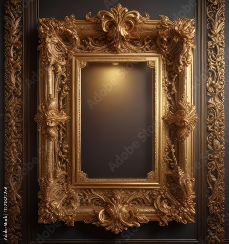 Elegant gold ornate frame with intricate carvings and soft light filtering through , antique decor, old picture frames, ornate frames