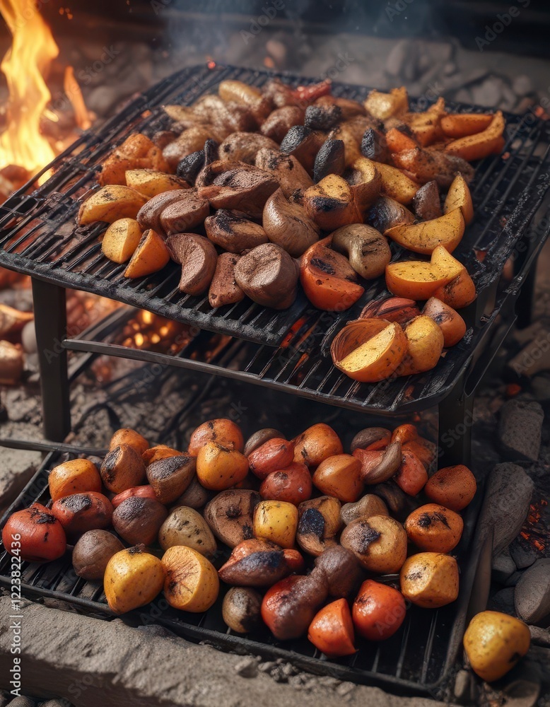 Ember-lit grill with smoldering coals and roasted vegetables, roasted food, rustic decor, smoking grill Ember-lit grill with smoldering coals and roasted vegetables, roasted food, rustic decor, smoking grill