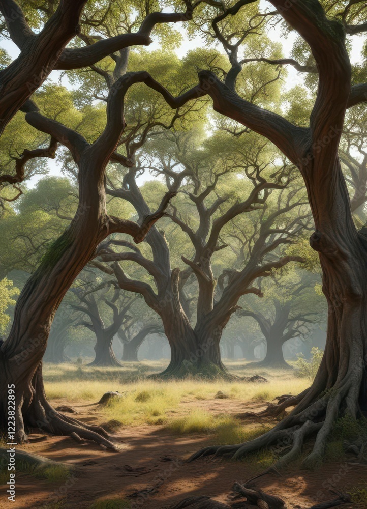 Fototapeta premium Mature oak trees with gnarled trunks and branches in a forest clearing, oak, foliage