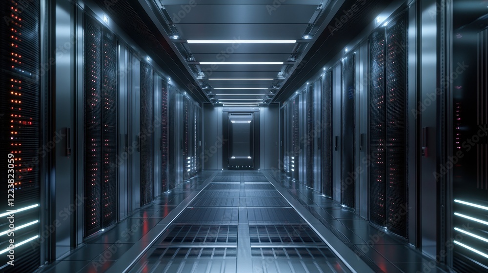 Modern Server Room Corridor with Illuminated Racks Modern Server Room Corridor with Illuminated Racks