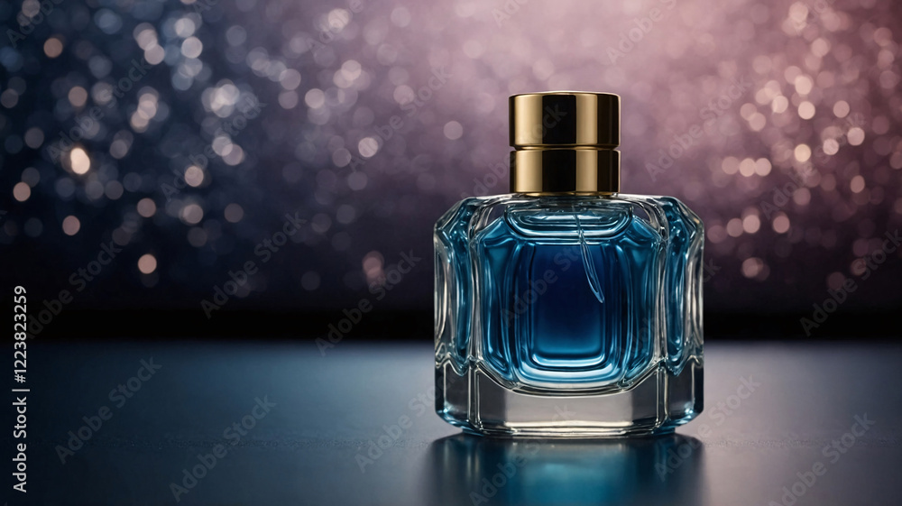 Beautiful glass perfume bottle with luxurious detailing illuminated by bokeh effect on a dark atmospheric backdrop perfume commercial advertisement display Beautiful glass perfume bottle with luxurious detailing illuminated by bokeh effect on a dark atmospheric backdrop perfume commercial advertisement display