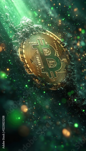 Golden cryptocurrency coin emerges from dark matter, glowing with green energy.
