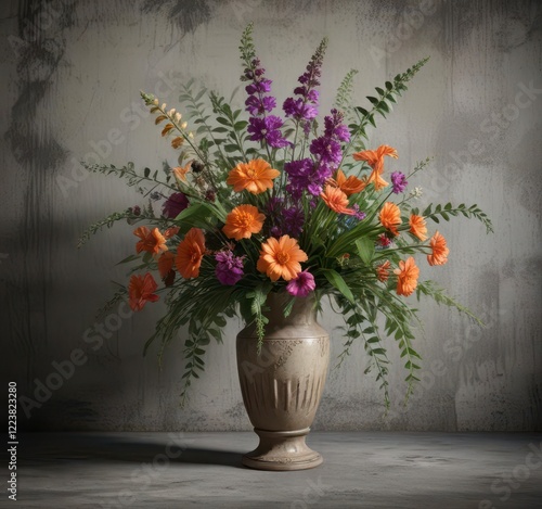 Wallpaper Mural Overgrown floral arrangements in a vintage vase on a grungy concrete floor,  floral decorations,  botanicals Torontodigital.ca