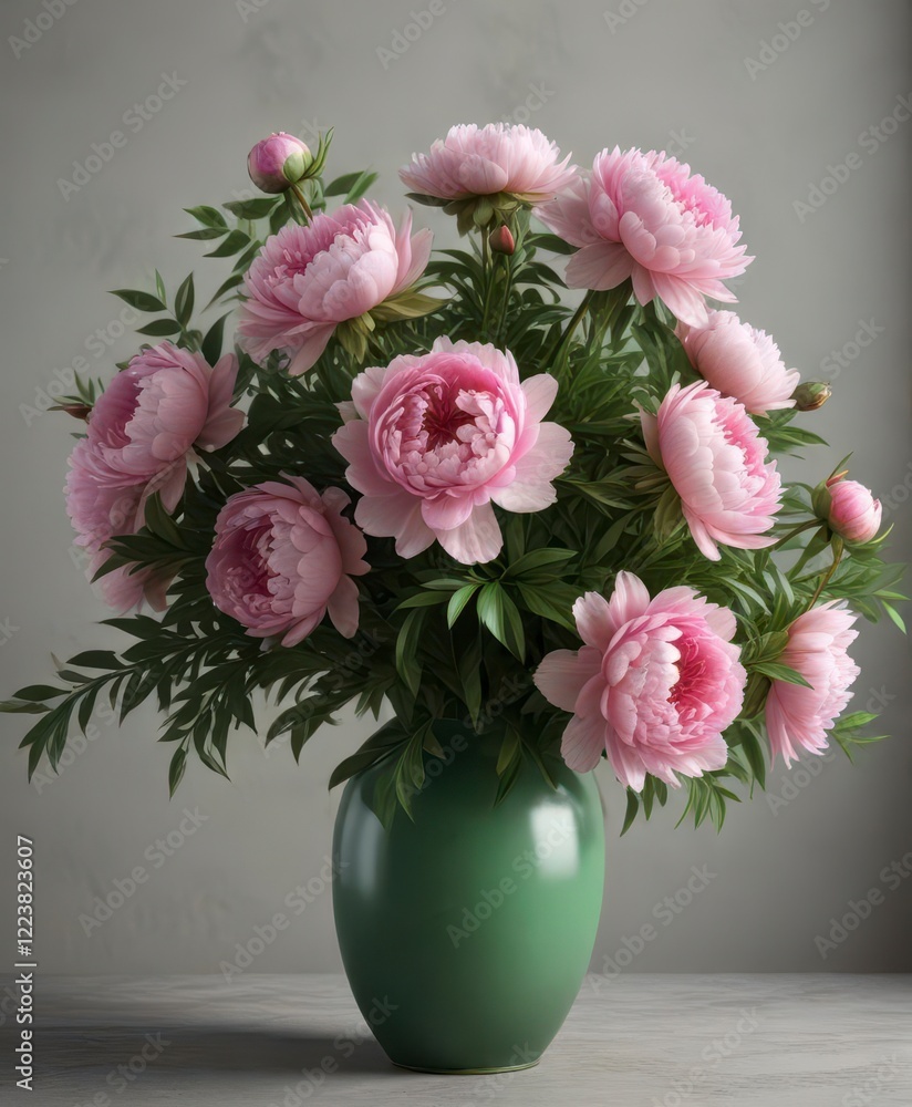 Peony flowers with lush green foliage arranged in a vase, floral, garden Peony flowers with lush green foliage arranged in a vase, floral, garden