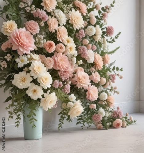 Wallpaper Mural Floral arrangement wall with artificial flowers in pastel shades and soft colors, artificial flowers, delicate, wall Torontodigital.ca