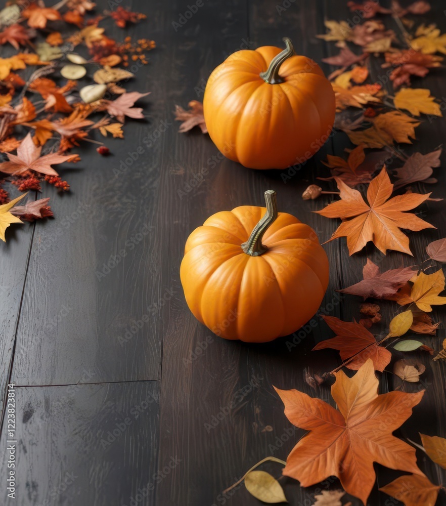 Pumpkin decorations on dark wood table with fallen leaves,  harvest theme,  woodland scene