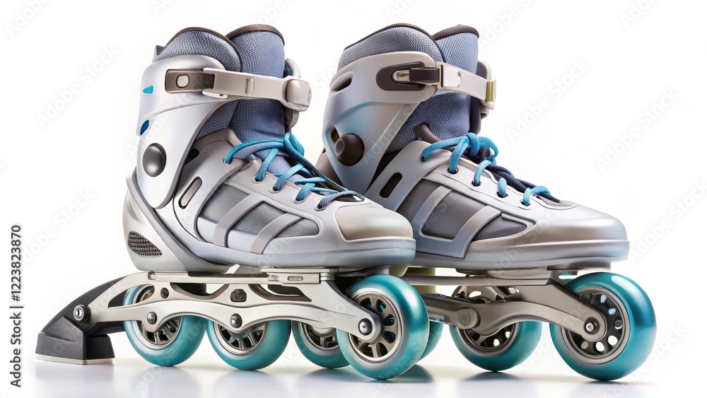 Inline Roller Skates, Pair, Teal, Gray, White Inline Roller Skates, Pair, Teal, Gray, White