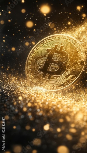 Golden cryptocurrency coin on sparkling surface.  Digital currency, finance, investment concept.