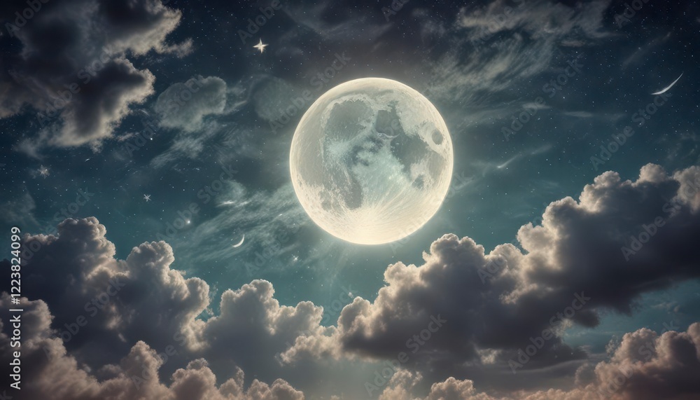 Retro-style sky with stars, clouds, and moon in a distressed paper background , paper, stars Retro-style sky with stars, clouds, and moon in a distressed paper background , paper, stars