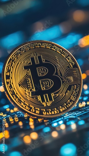 Close-up of a gold cryptocurrency coin on a circuit board, illuminated with blue and orange lights.