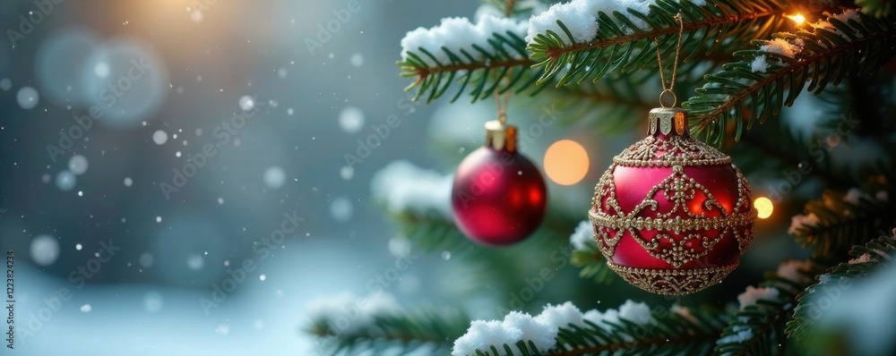 Fototapeta premium Ornate gold and glass ornaments hanging from a Christmas tree branch in a snowy environment, Winter Decorations, Christmas Elements