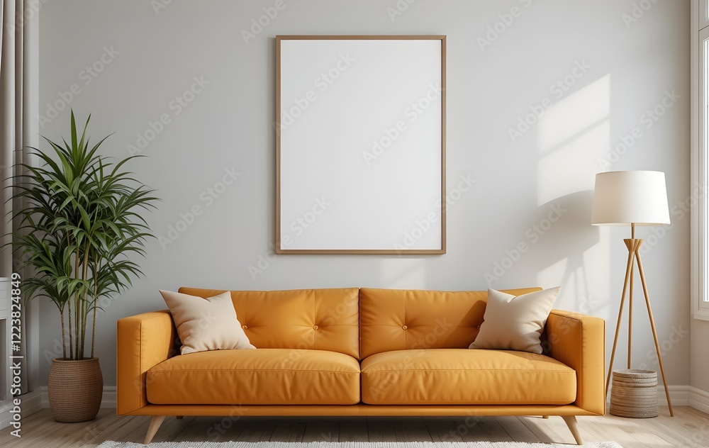 Fototapeta premium Mockup Poster Realistic in Livingroom wall decoration modern frame