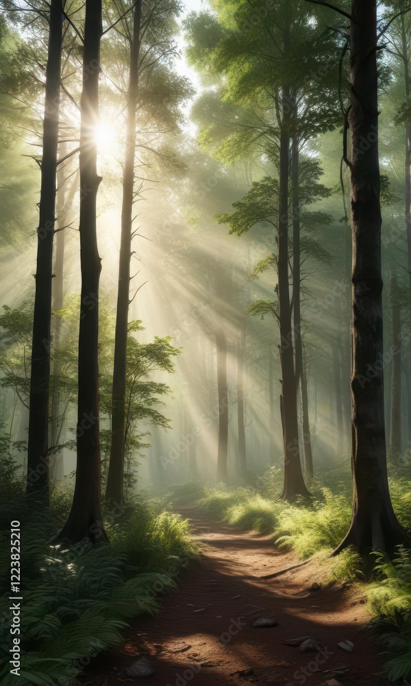 Obraz premium Panoramic forest landscape with sunbeams filtering through trees, tree foliage, scenery