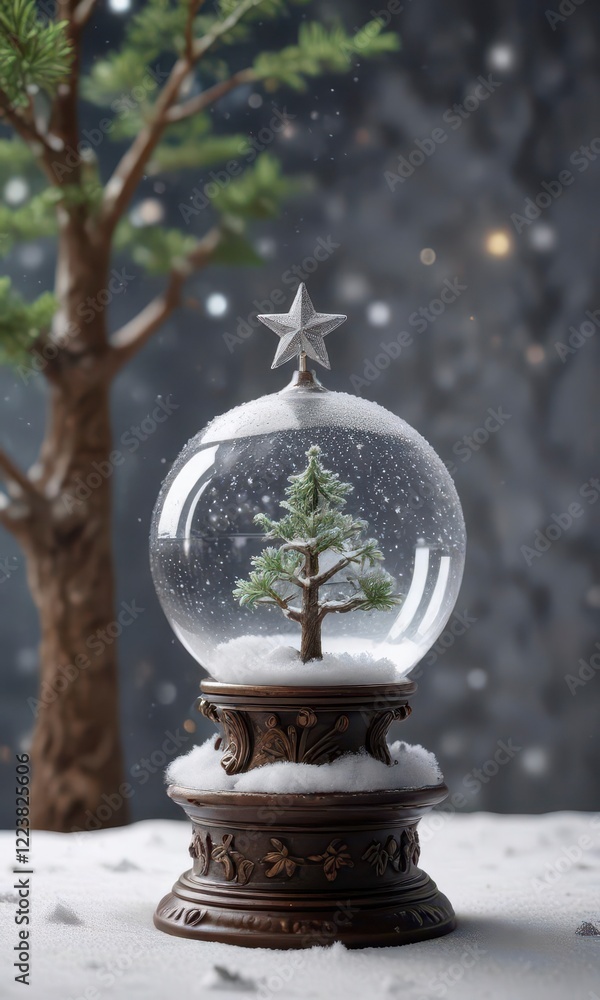 Naklejka premium Glassy globe containing miniature snow-covered tree with sparkly ornaments and a star on top, small scene, snow globe,