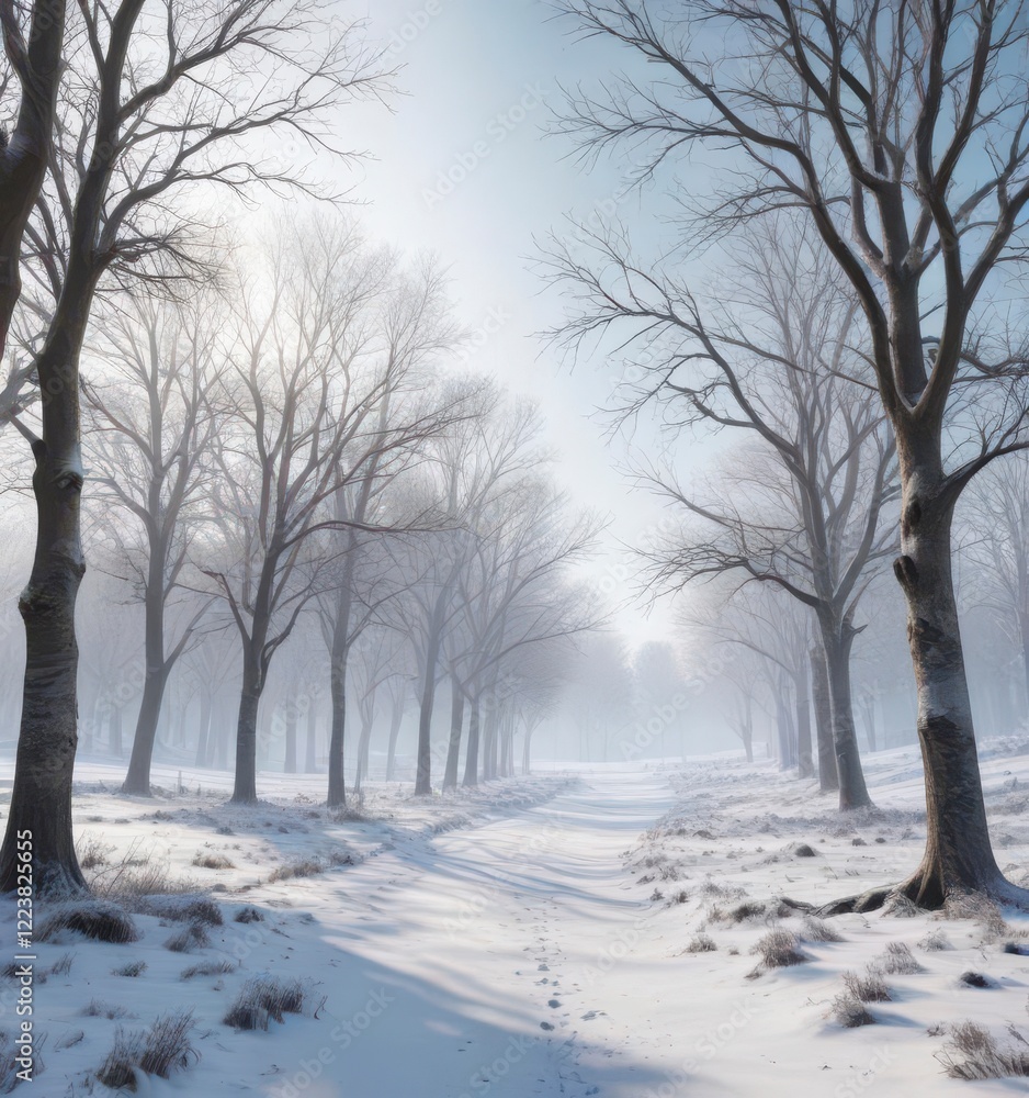 Snowy landscape with bare trees in frosty air, peaceful, cold Snowy landscape with bare trees in frosty air, peaceful, cold