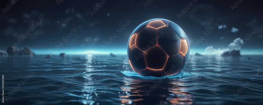 Naklejka premium Glowing neon soccer ball suspended in mid-air above a deep blue ocean surface, glowing, abstract, sport