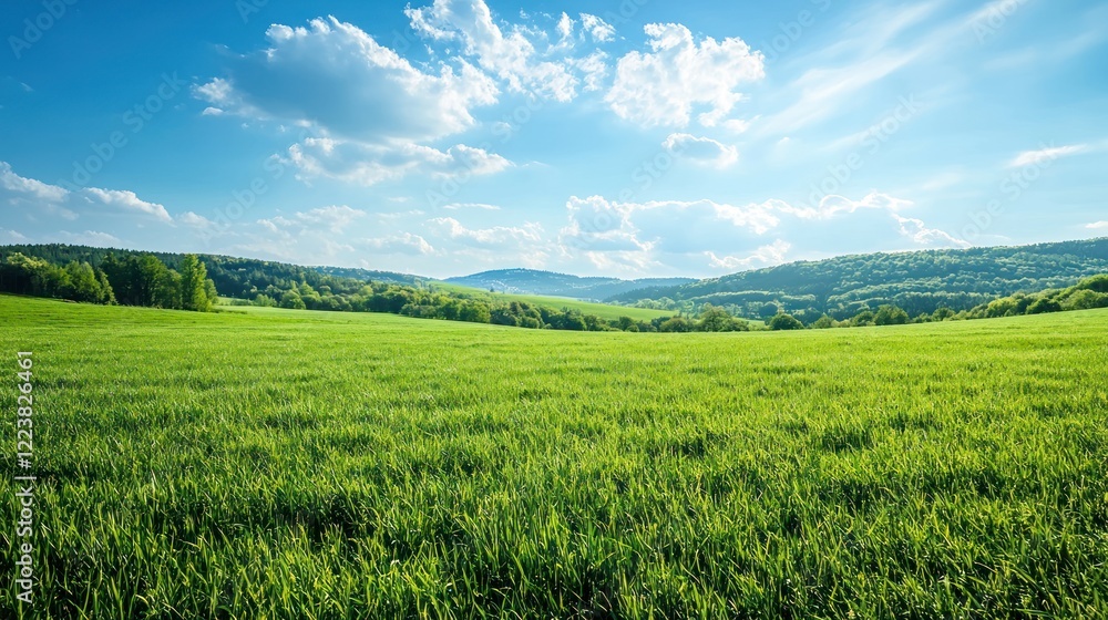 Obraz premium A wide open grassland stretching under a clear blue sky with rolling hills in the distance.