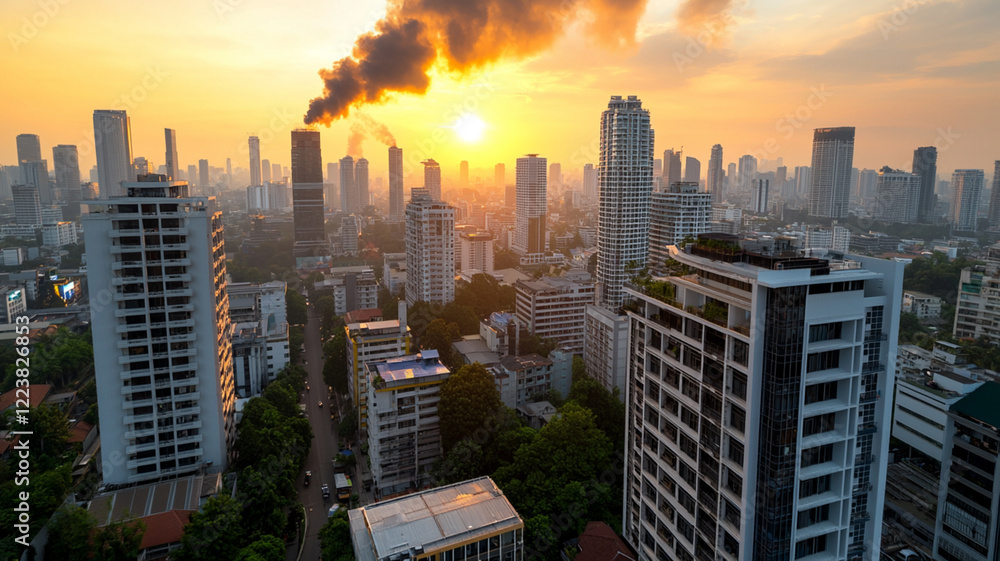 Obraz premium Ai-generated industrial smoke rise at sunset over urban cityscape aerial view - aesthetic impact
