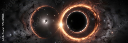 Hypnotic black holes with swirling cosmic dust and starlight , futuristic, nebula, mystifying