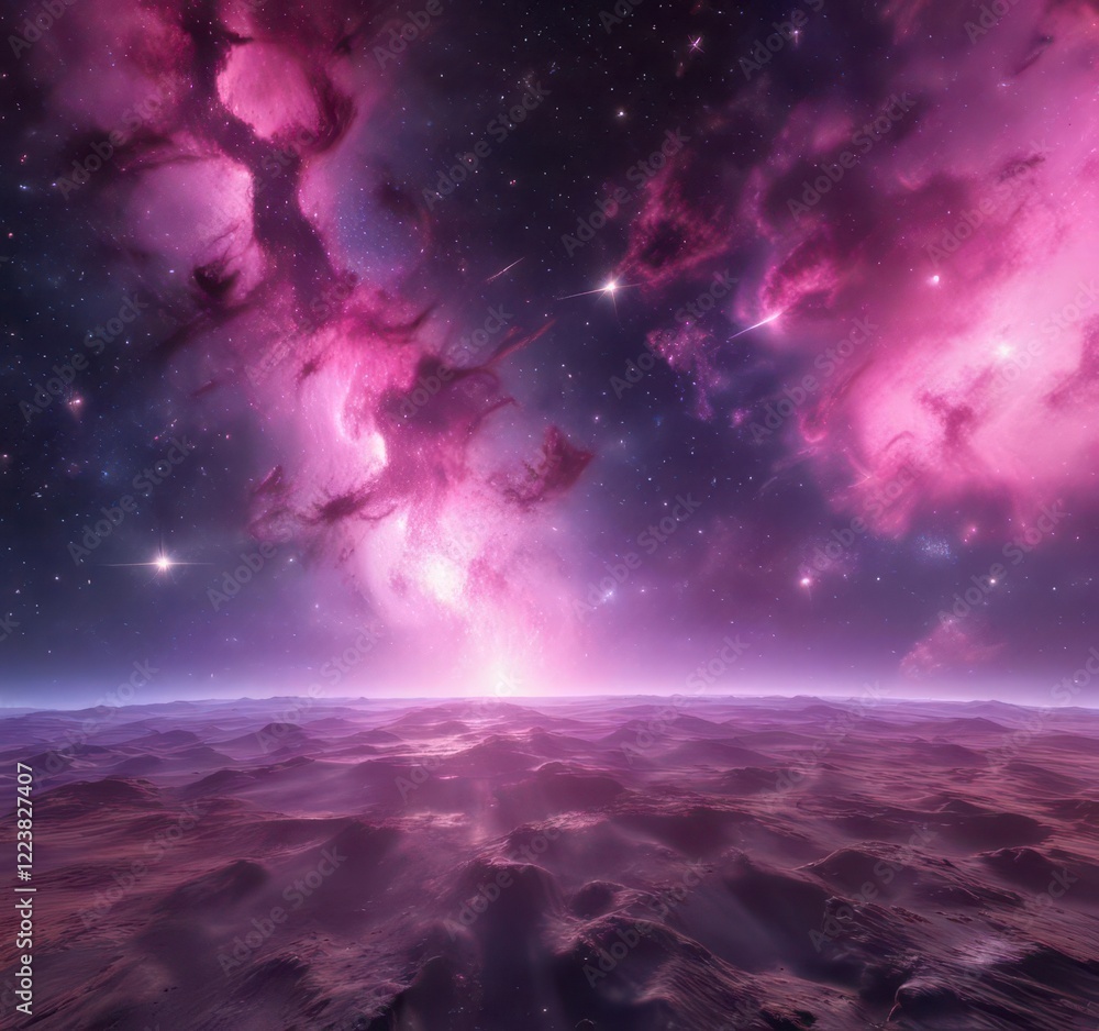 Obraz premium Shiny starfield against a vibrant purple and pink nebula background, vibrant, astronomy