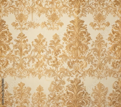 Intricate damask pattern in shades of beige and gold on a cream background , beige, damask, texture