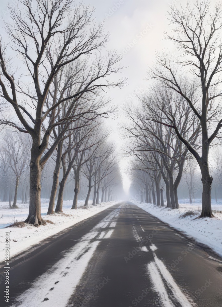 Snowy landscape with bare trees and empty road, peaceful scene, winter landscape Snowy landscape with bare trees and empty road, peaceful scene, winter landscape