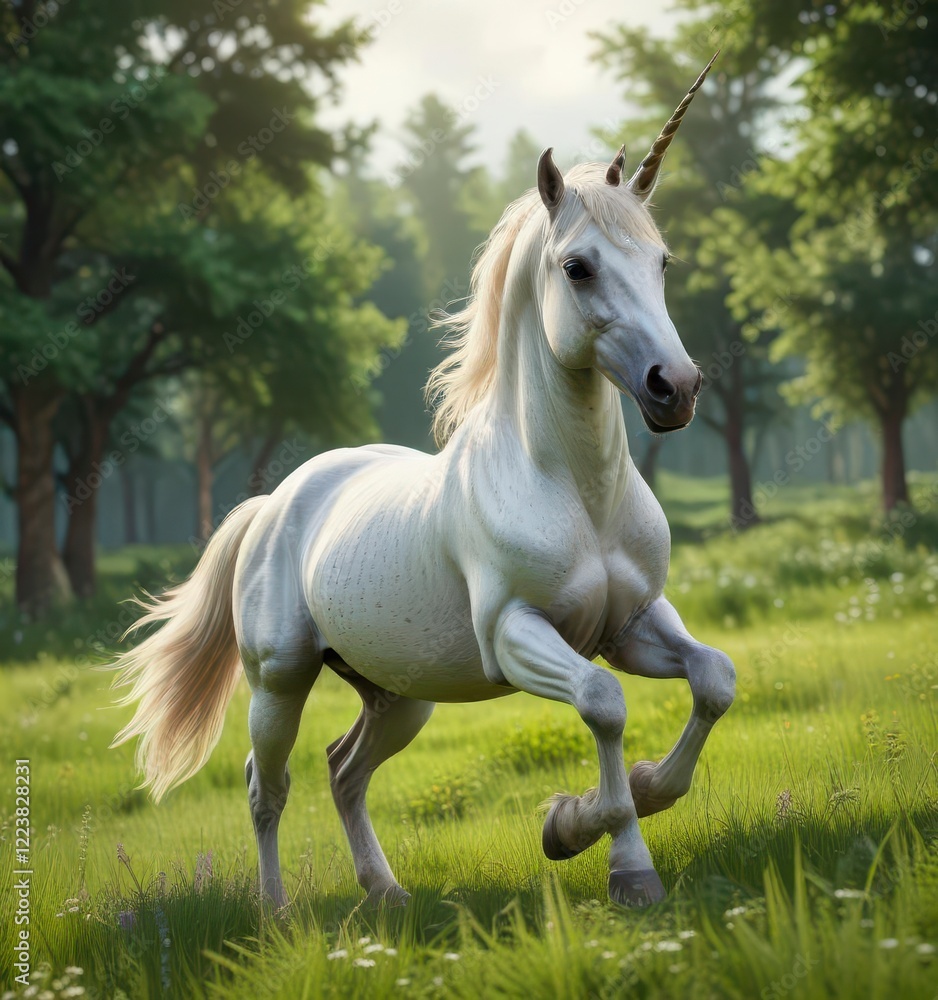 Fototapeta premium Majestic unicorn mare prances in lush green meadow, meadow, animals, beautiful