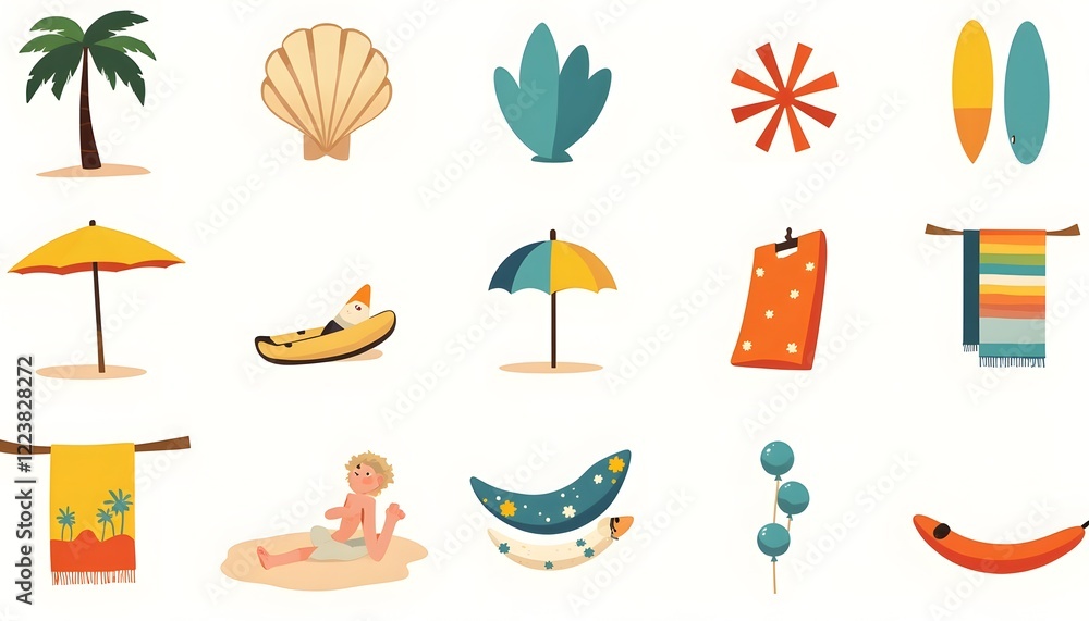 Fototapeta premium Summer Beach Vacation Icon Collection Illustration