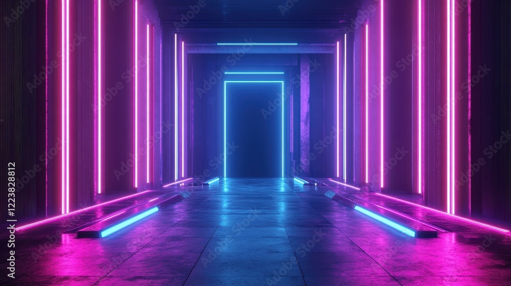 Neon Lights Illuminate Futuristic Corridor Path Neon Lights Illuminate Futuristic Corridor Path