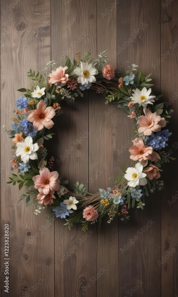 Muted floral wreath on a distressed wood background, bohemian style, rustic elements, wooden textures Muted floral wreath on a distressed wood background, bohemian style, rustic elements, wooden textures