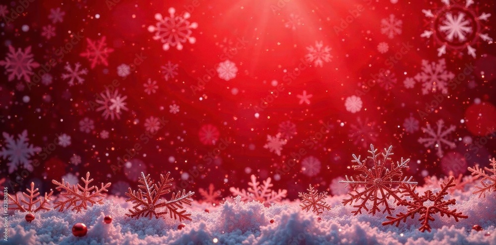 Snowflakes of all sizes and shapes fill the snowy red expanse, texture, composition, snowflakes Snowflakes of all sizes and shapes fill the snowy red expanse, texture, composition, snowflakes