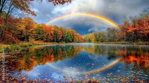 Vibrant autumn landscape with a rainbow arching over a serene lake surrounded by colorful trees