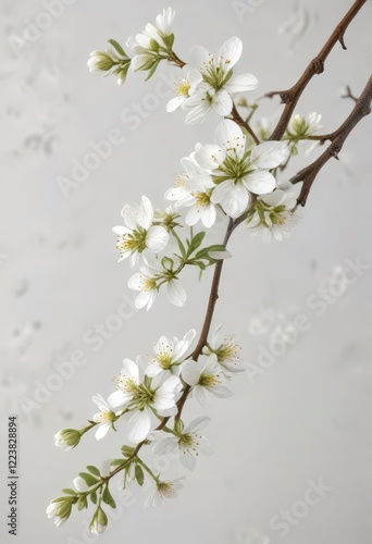 Wallpaper Mural Single sprig of small white flowers on a tree branch against white background,  tree flowers,  white,  bloom Torontodigital.ca