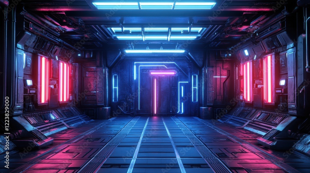Fototapeta premium Futuristic Neon Lit Spaceship Corridor Interior