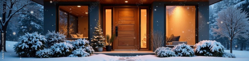 Snowflakes on modern wooden front door and surrounding windows, front door, winter wonderland, wood Snowflakes on modern wooden front door and surrounding windows, front door, winter wonderland, wood
