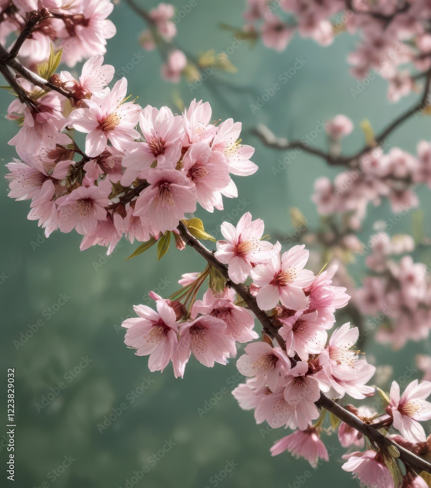 Spring blooming cherry blossom branches with delicate pink petals and subtle green leaves, seasons, flowers Spring blooming cherry blossom branches with delicate pink petals and subtle green leaves, seasons, flowers