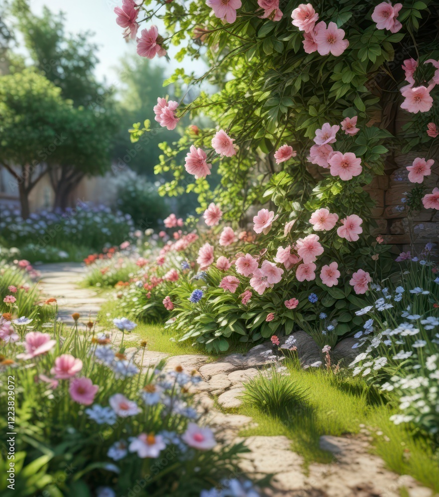 Spring season depiction with blooming flowers and greenery , seasons change, flora Spring season depiction with blooming flowers and greenery , seasons change, flora