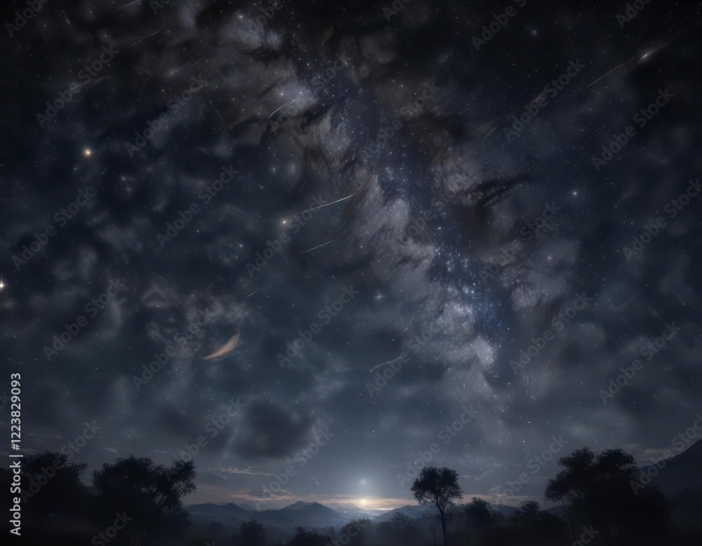 Naklejka premium Starry night sky with twinkling stars on a dark canvas, darkness, stars