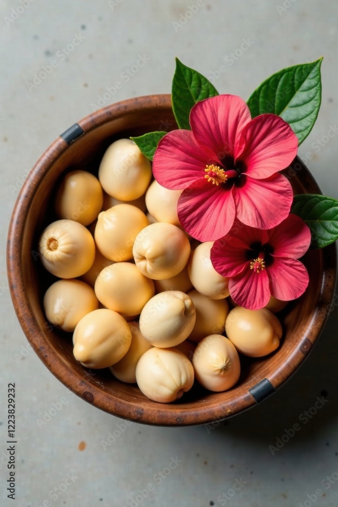 Macadamia nuts and hibiscus flowers in a natural bowl, organics, tropical Macadamia nuts and hibiscus flowers in a natural bowl, organics, tropical