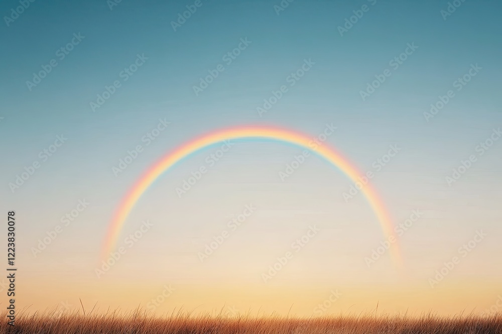 A vibrant rainbow arches over a serene landscape at sunset, casting colorful hues in the sky A vibrant rainbow arches over a serene landscape at sunset, casting colorful hues in the sky