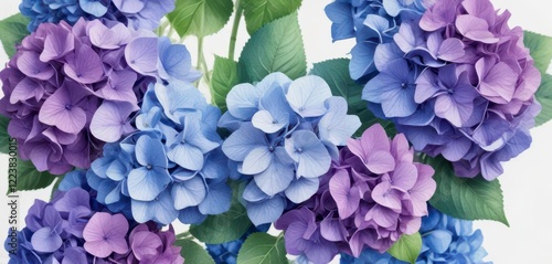 Vibrant watercolor hydrangeas in shades of blue and purple on a white background,  organic painting,  summer