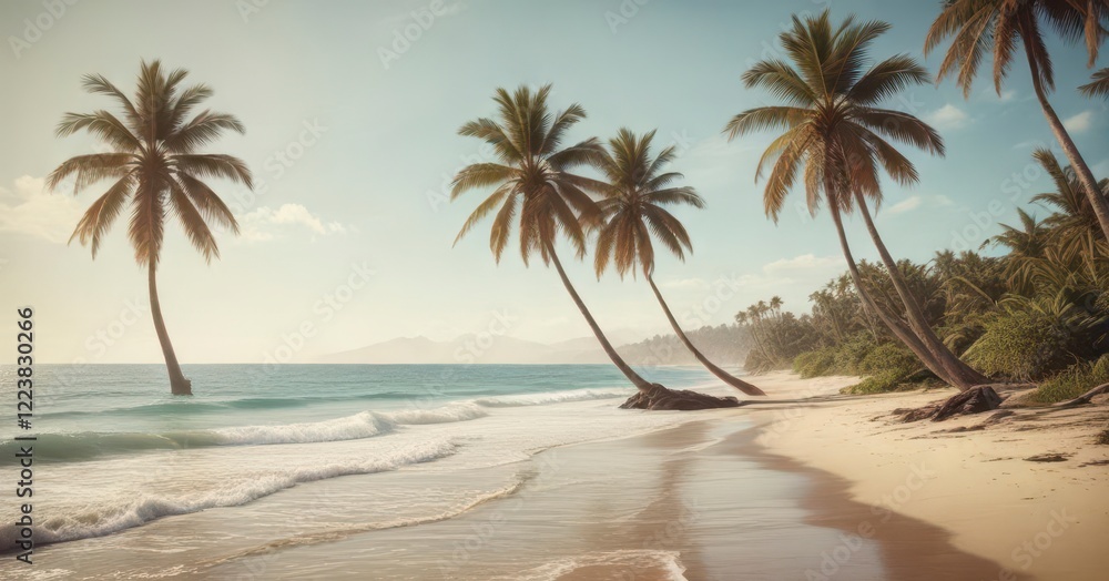 Obraz premium Vintage toned film photograph of a serene ocean landscape featuring swaying palm trees and a sunny beach , palm trees, beach