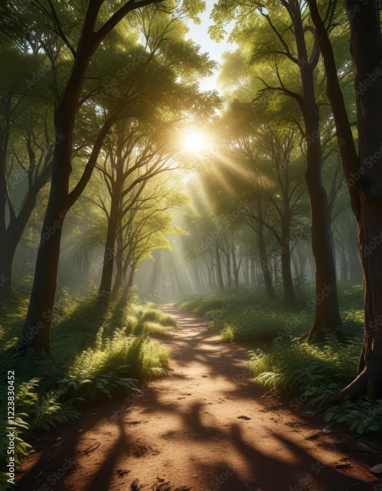 Naklejka premium Warm sunlight filtering through leafy trees creates dappled shadows in a serene forest clearing, sunlight, foliage