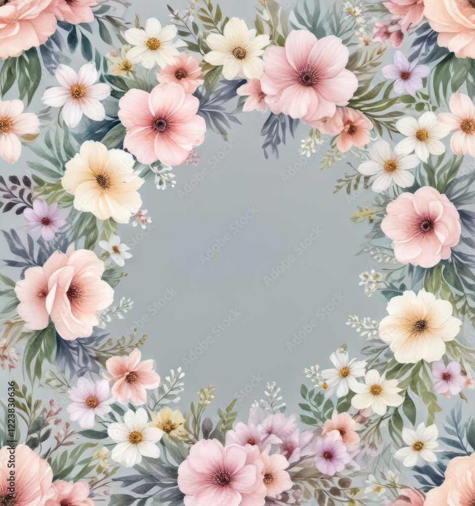 Obraz premium Watercolor floral wreath vector pattern with pastel colors and delicate flowers , bohemian style, nature-inspired art