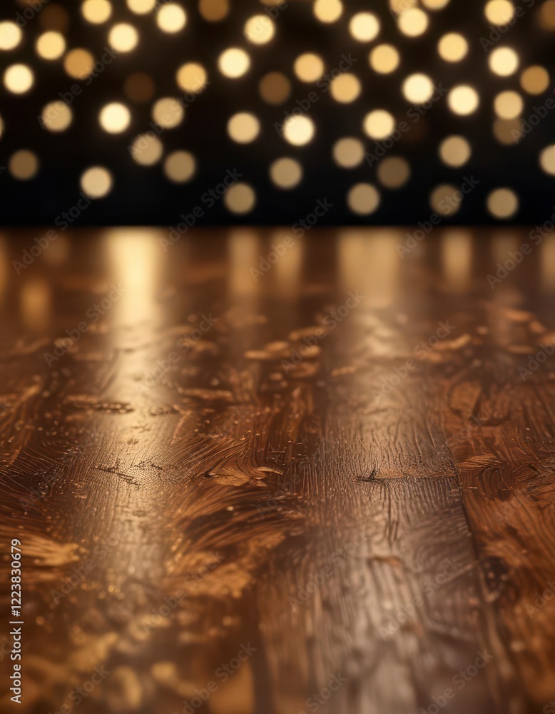 Wood table top with blurred light shining on it, gold bokeh effect, dark background , blur, gold Wood table top with blurred light shining on it, gold bokeh effect, dark background , blur, gold