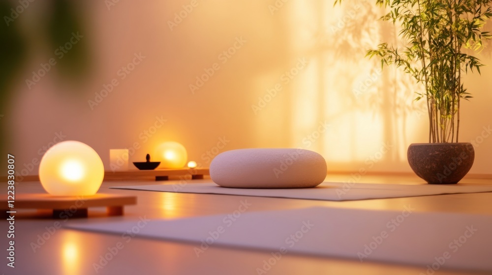 A tranquil image of a meditation space in a wellness center, featuring a comfortable mat, soothing colors A tranquil image of a meditation space in a wellness center, featuring a comfortable mat, soothing colors