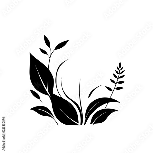 Elegant Black and White Floral Design: Botanical Silhouette Illustration. Perfect for nature-themed projects, adding a touch of sophistication and simplicity.
