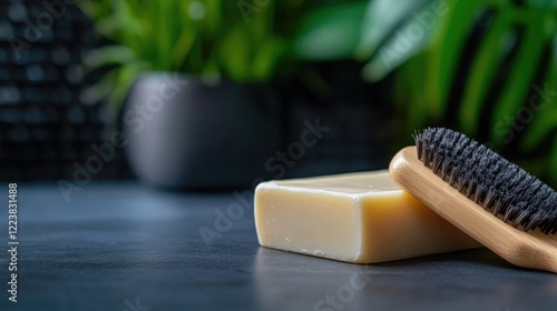 Natural Bar Soap and Bamboo Beard Brush on Dark Surface photo