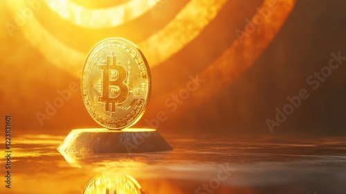 Golden cryptocurrency coin on dark background.  Reflecting light, symbolizing digital wealth and finance.