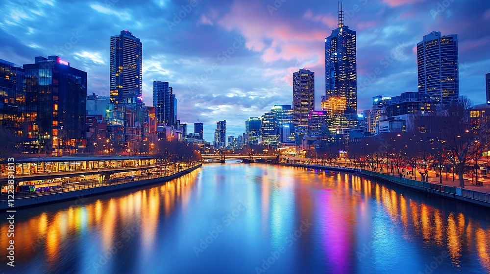 Fototapeta premium Stunning twilight view of Melbourne's skyline reflecting on the Yarra River, vibrant city life